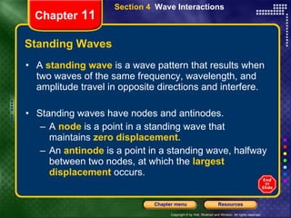 Standing Waves A  standing wave   is a wave pattern that results when two waves of the same frequency, wavelength, and amplitude travel in opposite directions and interfere. Standing waves have nodes and antinodes. A  node   is a point in a standing wave that maintains   zero displacement. An   antinode   is a point in a standing wave, halfway between two nodes, at which the   largest displacement   occurs. Chapter  11 Section 4  Wave Interactions 