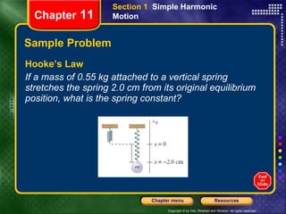 Sample Problem Hooke’s Law If a mass of 0.55 kg attached to a vertical spring stretches the spring 2.0 cm from its original equilibrium position, what is the spring constant? Chapter  11 Section 1  Simple Harmonic Motion 