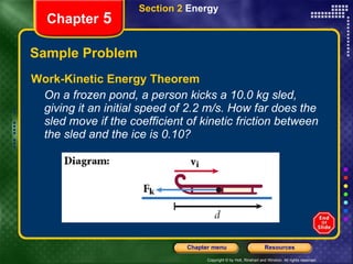 Sample Problem Work-Kinetic Energy Theorem On a frozen pond, a person kicks a 10.0 kg sled, giving it an initial speed of 2.2 m/s. How far does the sled move if the coefficient of kinetic friction between the sled and the ice is 0.10? Section 2  Energy Chapter  5 