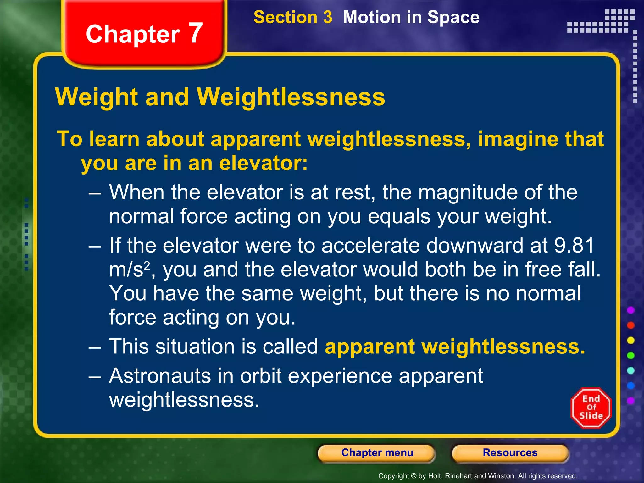 Weight and Weightlessness To learn about apparent weightlessness, imagine that you are in an elevator: When the elevator is at rest, the magnitude of the normal force acting on you equals your weight.  If the elevator were to accelerate downward at 9.81 m/s 2 , you and the elevator would both be in free fall. You have the same weight, but there is no normal force acting on you. This situation is called   apparent weightlessness. Astronauts in orbit experience apparent weightlessness. Chapter  7 Section 3  Motion in Space 