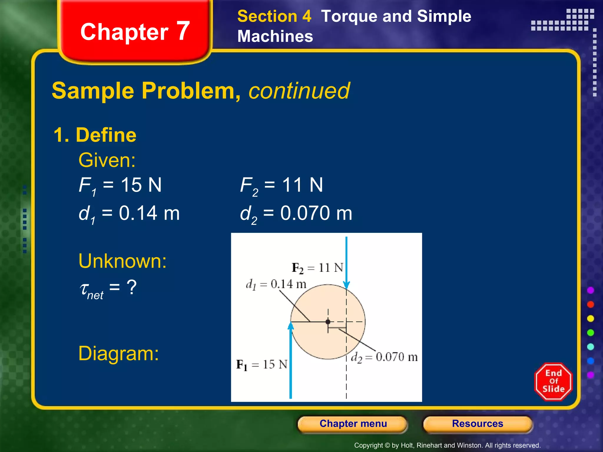 Sample Problem,  continued 1. Define Given: F 1  = 15 N   F 2  = 11 N d 1  = 0.14 m   d 2  = 0.070 m Chapter  7 Section 4  Torque and Simple Machines Diagram: Unknown:  net  = ? 