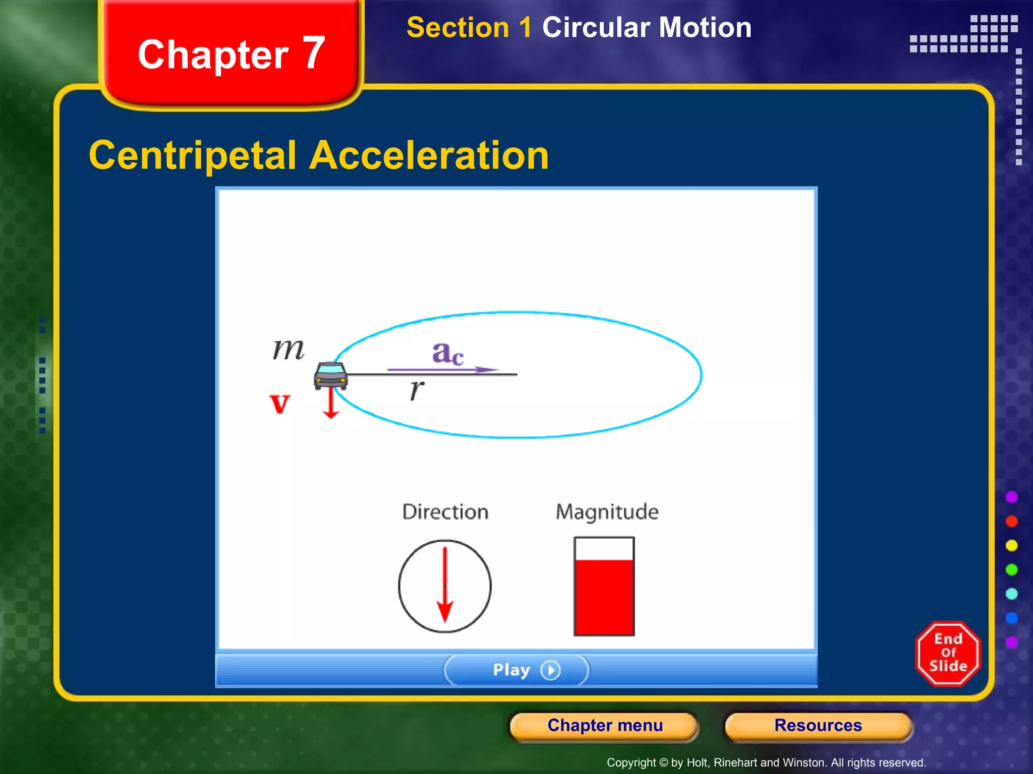 Centripetal Acceleration Chapter  7 Section 1  Circular Motion 