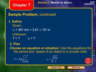Sample Problem,  continued 1. Define Given: r 1  = 361 km = 3.61    10 5  m Unknown: T  = ? v t  = ? Chapter  7 2. Plan Choose an equation or situation:  Use the equations for the period and  speed of an object in a circular orbit. Section 3  Motion in Space 