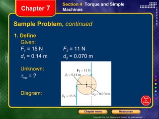Sample Problem,  continued 1. Define Given: F 1  = 15 N   F 2  = 11 N d 1  = 0.14 m   d 2  = 0.070 m Chapter  7 Section 4  Torque and Simple Machines Diagram: Unknown:  net  = ? 