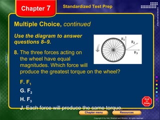 Multiple Choice,  continued Use the diagram to answer  questions 8–9. Standardized Test Prep Chapter  7 8.  The three forces acting on the wheel have equal  magnitudes. Which force will produce the greatest torque on the wheel? F.   F 1 G.   F 2 H.   F 3 J.  Each force will produce the same torque. 