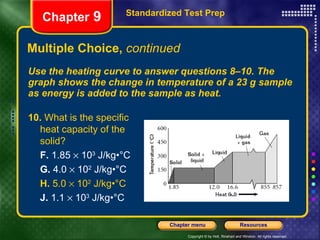 Multiple Choice,  continued Use the heating curve to answer questions 8–10. The graph shows the change in temperature of a 23 g sample as energy is added to the sample as heat. Standardized Test Prep Chapter  9 10.  What is the specific  heat capacity of the  solid?  F.  1.85    10 3  J/kg•°C G.  4.0    10 2  J/kg•°C H.  5.0    10 2  J/kg•°C J.  1.1    10 3  J/kg•°C 