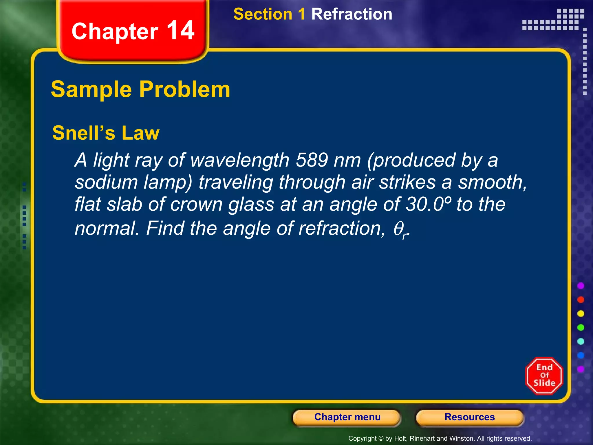 Sample Problem Snell’s Law A light ray of wavelength 589 nm (produced by a sodium lamp) traveling through air strikes a smooth, flat slab of crown glass at an angle of 30.0º to the normal. Find the angle of refraction,   r . Section 1  Refraction Chapter  14 