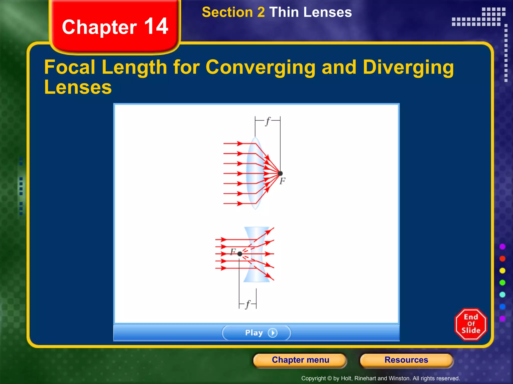 Focal Length for Converging and Diverging Lenses Chapter  14 Section 2  Thin Lenses 