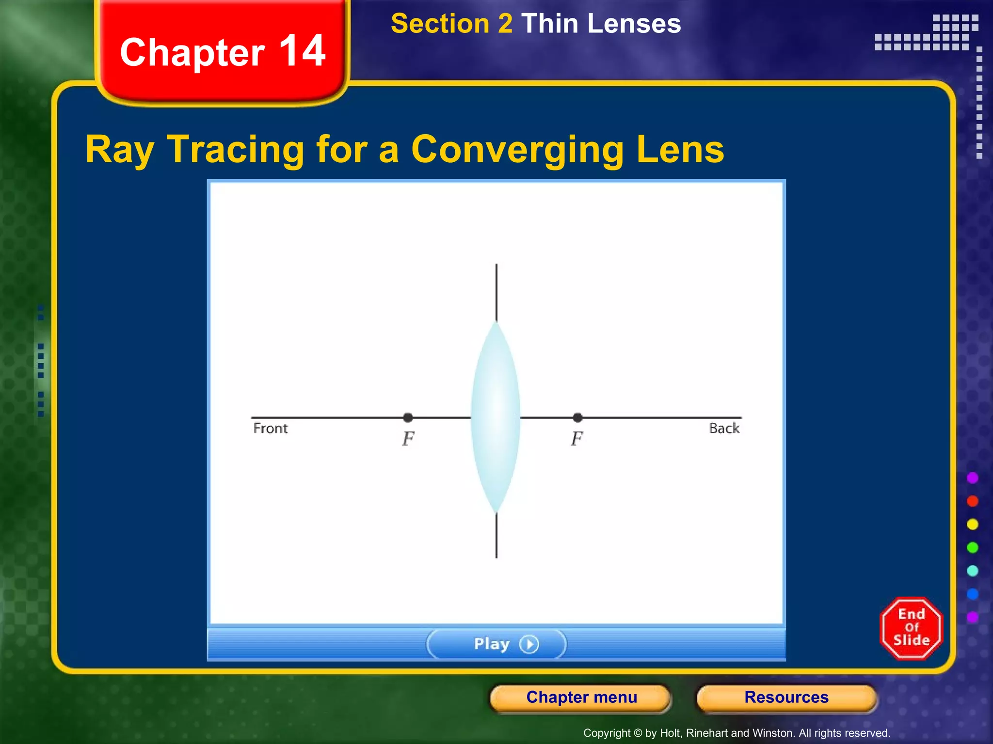Ray Tracing for a Converging Lens Chapter  14 Section 2  Thin Lenses 