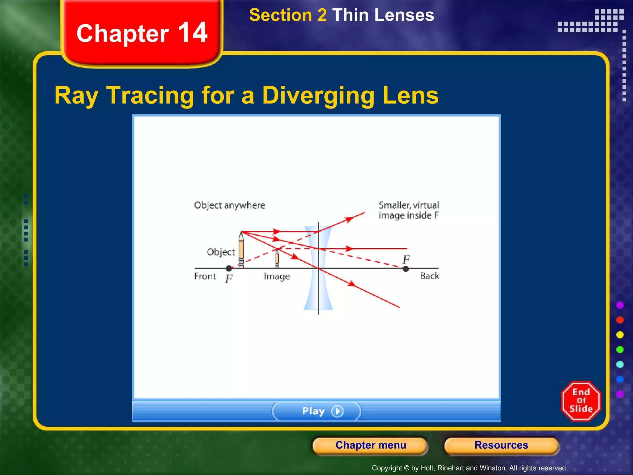 Ray Tracing for a Diverging Lens Chapter  14 Section 2  Thin Lenses 