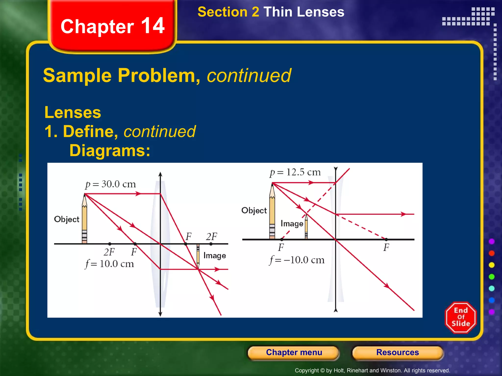 Sample Problem,  continued Lenses 1. Define,  continued Diagrams: Section 2  Thin Lenses Chapter  14 