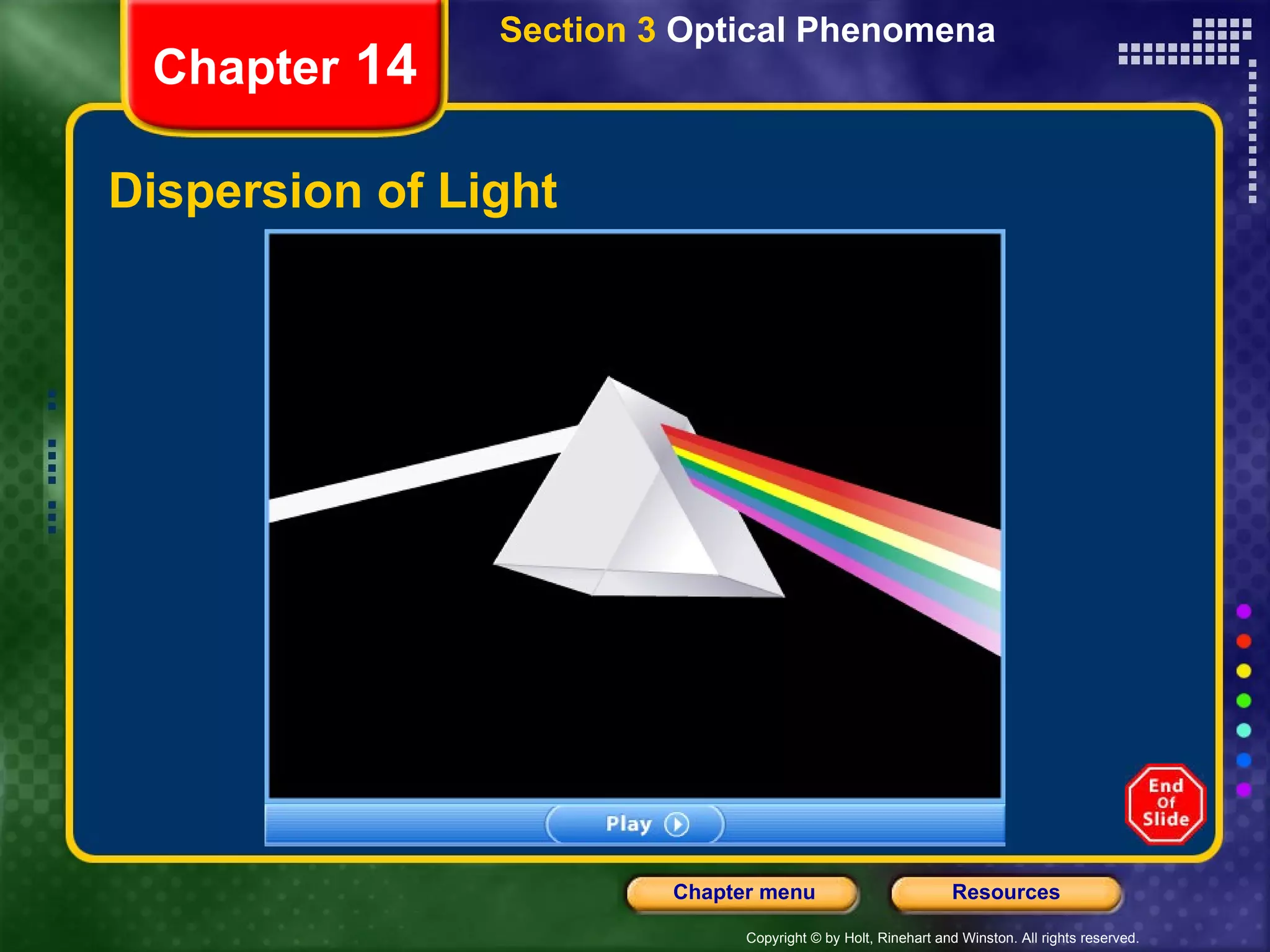 Dispersion of Light Chapter  14 Section 3  Optical Phenomena 