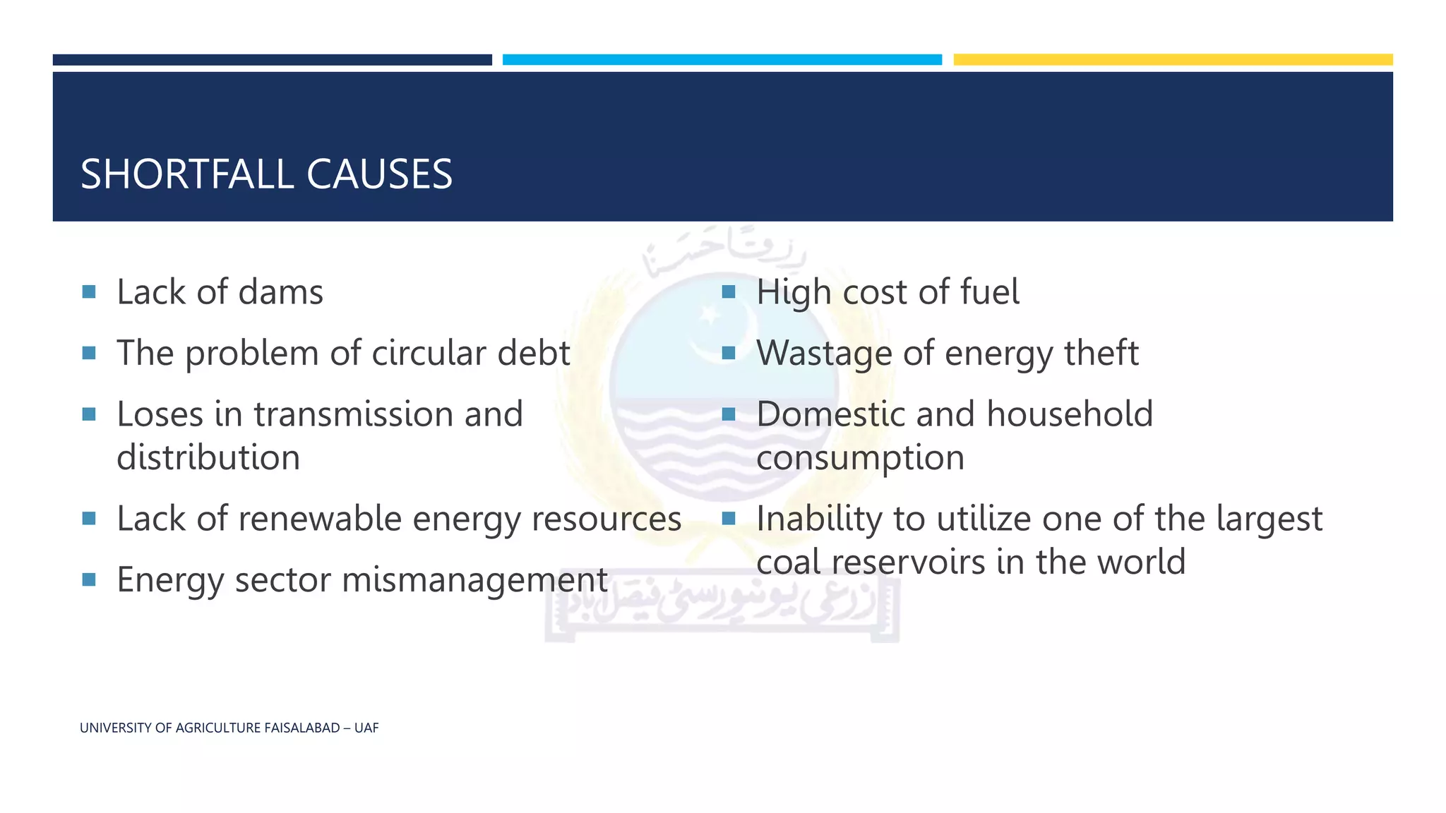 SHORTFALL CAUSES
 Lack of dams
 The problem of circular debt
 Loses in transmission and
distribution
 Lack of renewable energy resources
 Energy sector mismanagement
 High cost of fuel
 Wastage of energy theft
 Domestic and household
consumption
 Inability to utilize one of the largest
coal reservoirs in the world
UNIVERSITY OF AGRICULTURE FAISALABAD – UAF
 