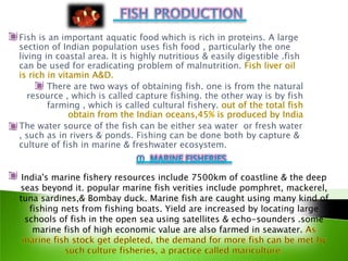 Fish is an important aquatic food which is rich in proteins. A large
section of Indian population uses fish food , particularly the one
living in coastal area. It is highly nutritious & easily digestible .fish
can be used for eradicating problem of malnutrition.

     There are two ways of obtaining fish. one is from the natural
 resource , which is called capture fishing. the other way is by fish
     farming , which is called cultural fishery.

The water source of the fish can be either sea water or fresh water
, such as in rivers & ponds. Fishing can be done both by capture &
culture of fish in marine & freshwater ecosystem.


 India's marine fishery resources include 7500km of coastline & the deep
seas beyond it. popular marine fish verities include pomphret, mackerel,
tuna sardines,& Bombay duck. Marine fish are caught using many kind of
   fishing nets from fishing boats. Yield are increased by locating large
  schools of fish in the open sea using satellites & echo-sounders .some
    marine fish of high economic value are also farmed in seawater.
 