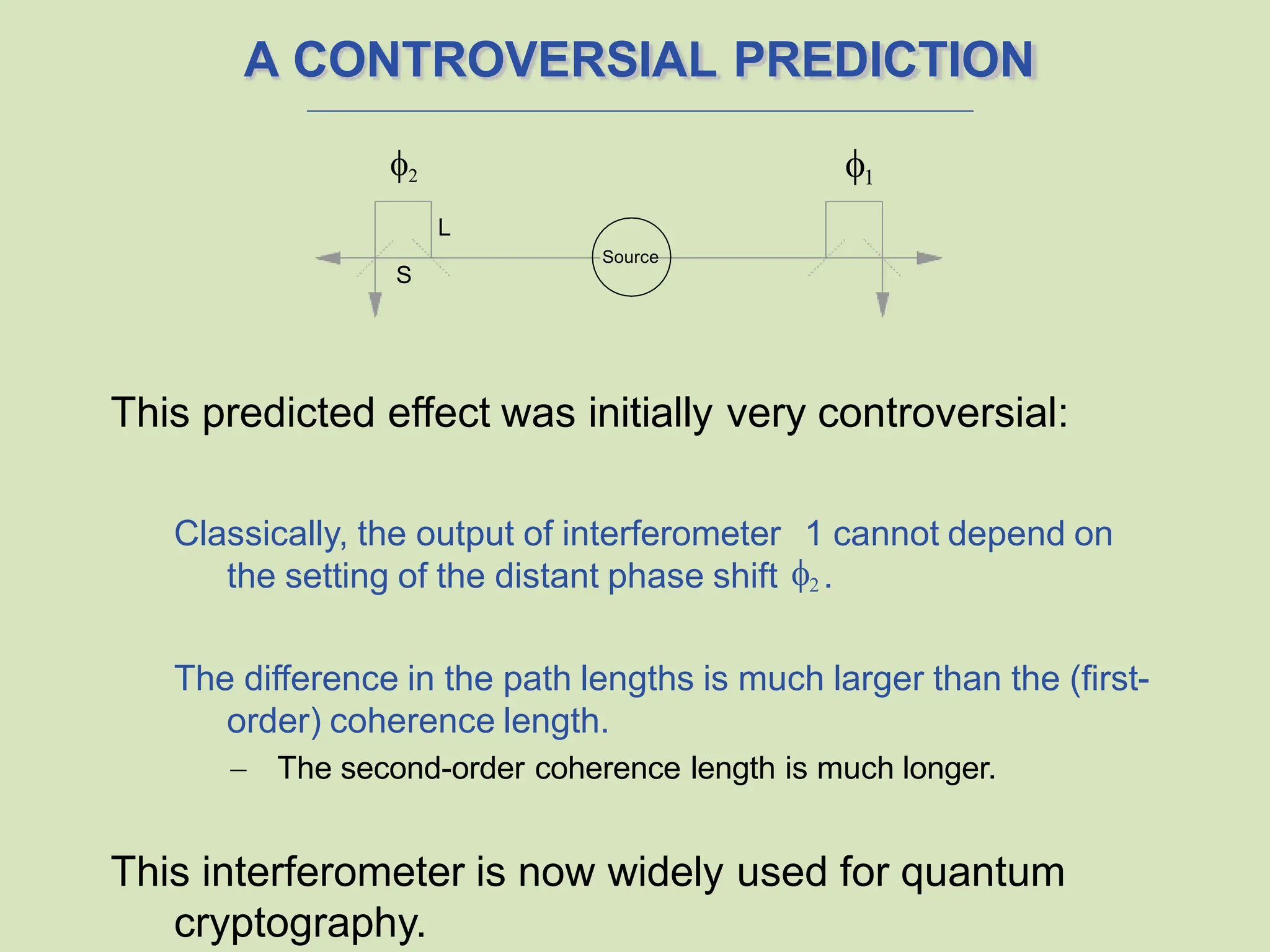 A CONTROVERSIAL PREDICTION
This predicted effect was initially very controversial:
Classically, the output of interferometer 1 cannot depend on
the setting of the distant phase shift 2 .
The difference in the path lengths is much larger than the (first-
order) coherence length.
 The second-order coherence length is much longer.
This interferometer is now widely used for quantum
cryptography.
L
S
1
2
Source
 