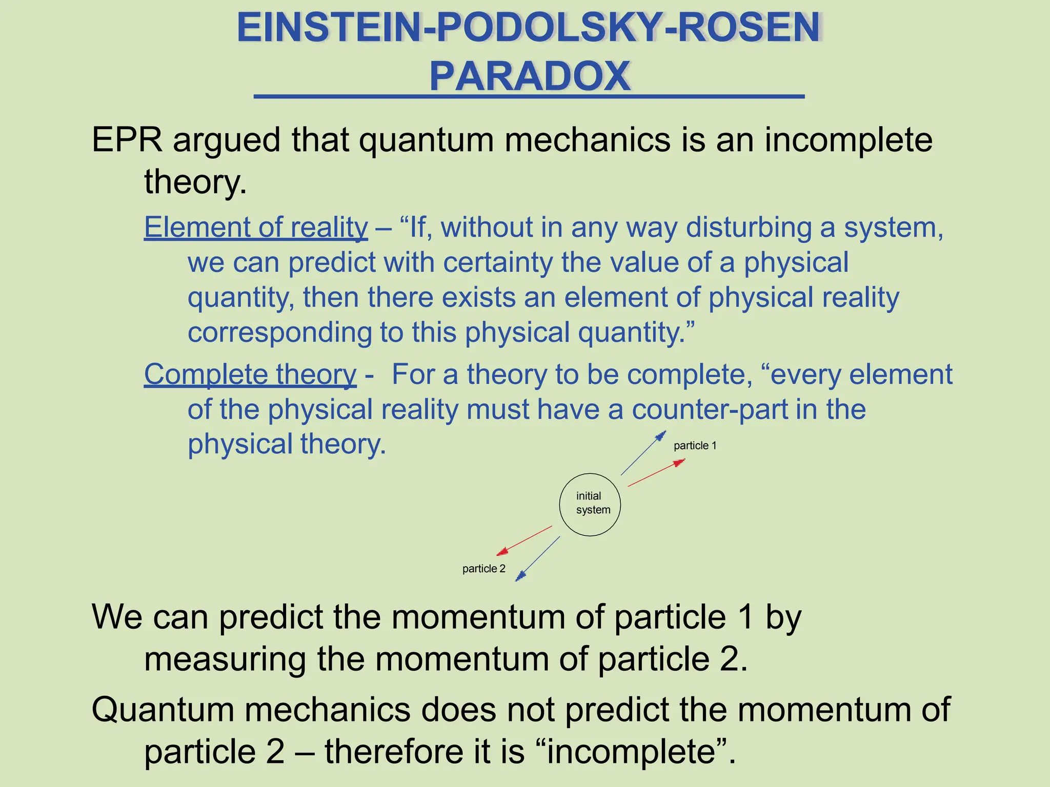 EINSTEIN-PODOLSKY-ROSEN
PARADOX
EPR argued that quantum mechanics is an incomplete
theory.
Element of reality – “If, without in any way disturbing a system,
we can predict with certainty the value of a physical
quantity, then there exists an element of physical reality
corresponding to this physical quantity.”
Complete theory - For a theory to be complete, “every element
of the physical reality must have a counter-part in the
physical theory.
We can predict the momentum of particle 1 by
measuring the momentum of particle 2.
Quantum mechanics does not predict the momentum of
particle 2 – therefore it is “incomplete”.
initial
system
particle 1
particle 2
 