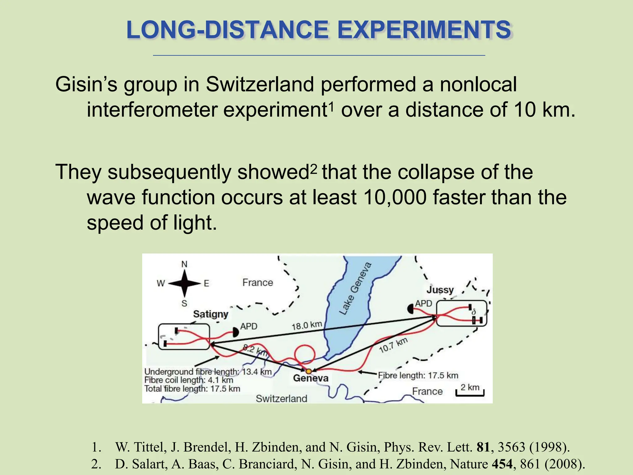 LONG-DISTANCE EXPERIMENTS
Gisin’s group in Switzerland performed a nonlocal
interferometer experiment1 over a distance of 10 km.
They subsequently showed2 that the collapse of the
wave function occurs at least 10,000 faster than the
speed of light.
1. W. Tittel, J. Brendel, H. Zbinden, and N. Gisin, Phys. Rev. Lett. 81, 3563 (1998).
2. D. Salart, A. Baas, C. Branciard, N. Gisin, and H. Zbinden, Nature 454, 861 (2008).
 