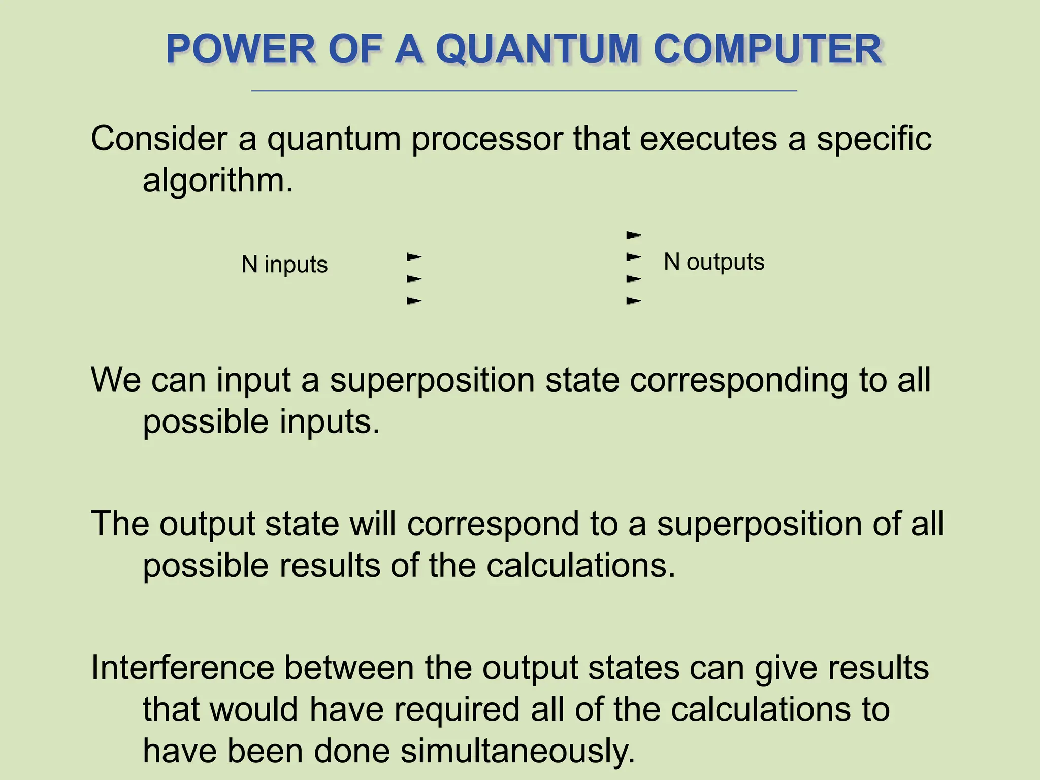 POWER OF A QUANTUM COMPUTER
Consider a quantum processor that executes a specific
algorithm.
We can input a superposition state corresponding to all
possible inputs.
The output state will correspond to a superposition of all
possible results of the calculations.
Interference between the output states can give results
that would have required all of the calculations to
have been done simultaneously.
N inputs N outputs
 