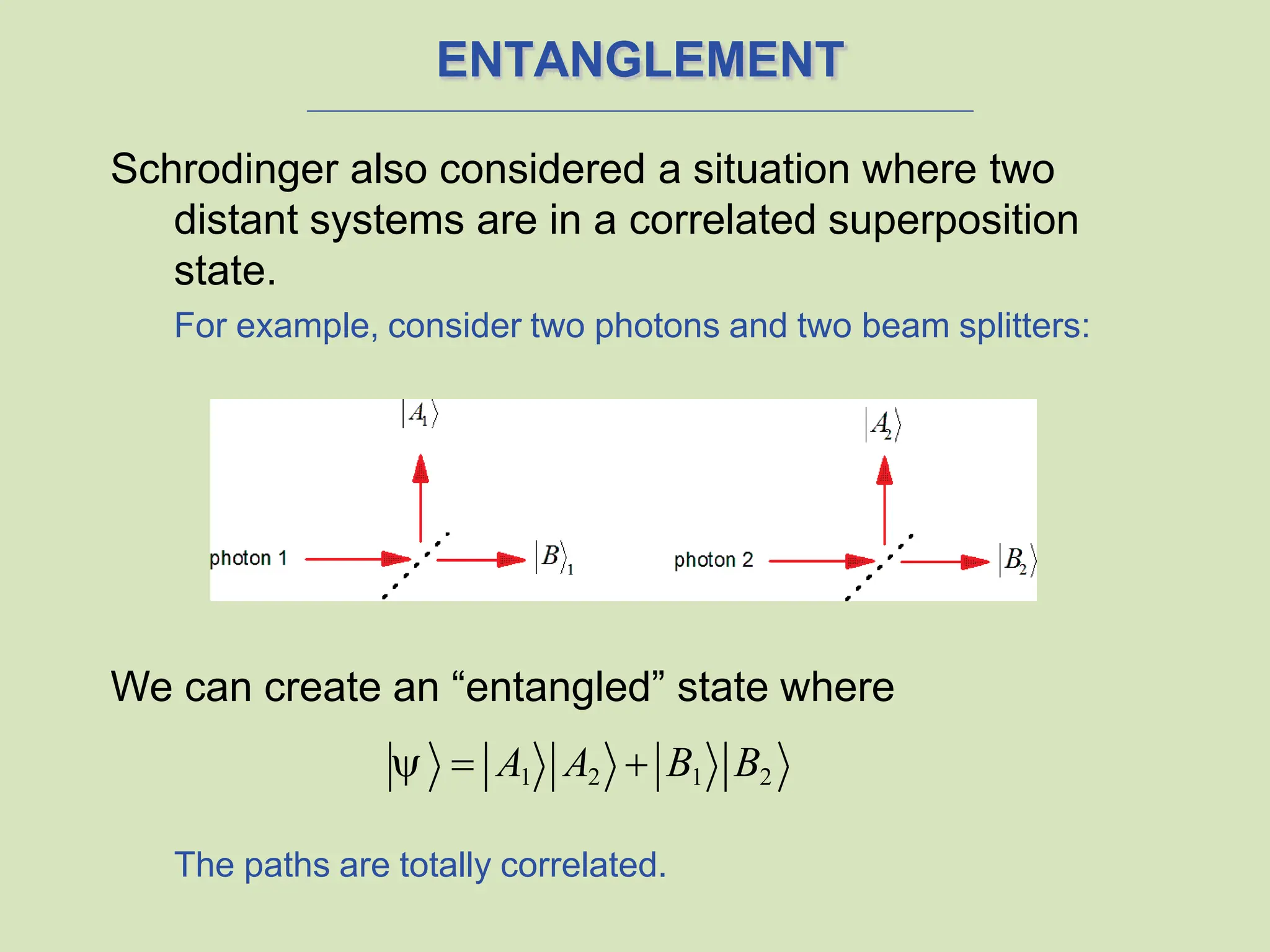 ENTANGLEMENT
Schrodinger also considered a situation where two
distant systems are in a correlated superposition
state.
For example, consider two photons and two beam splitters:
We can create an “entangled” state where
  A1 A2  B1 B2
The paths are totally correlated.
 