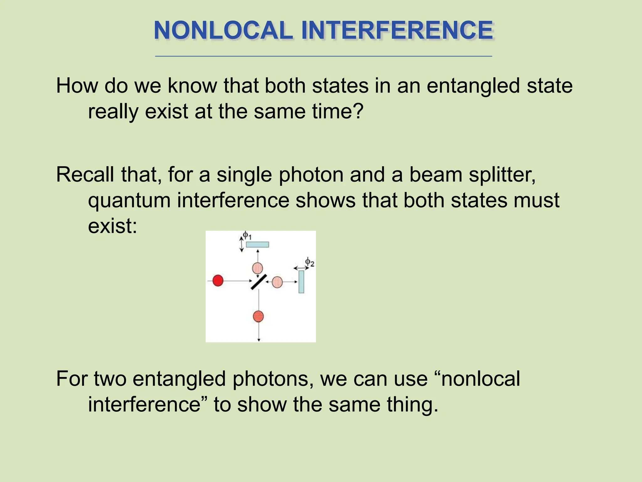 NONLOCAL INTERFERENCE
How do we know that both states in an entangled state
really exist at the same time?
Recall that, for a single photon and a beam splitter,
quantum interference shows that both states must
exist:
For two entangled photons, we can use “nonlocal
interference” to show the same thing.
 