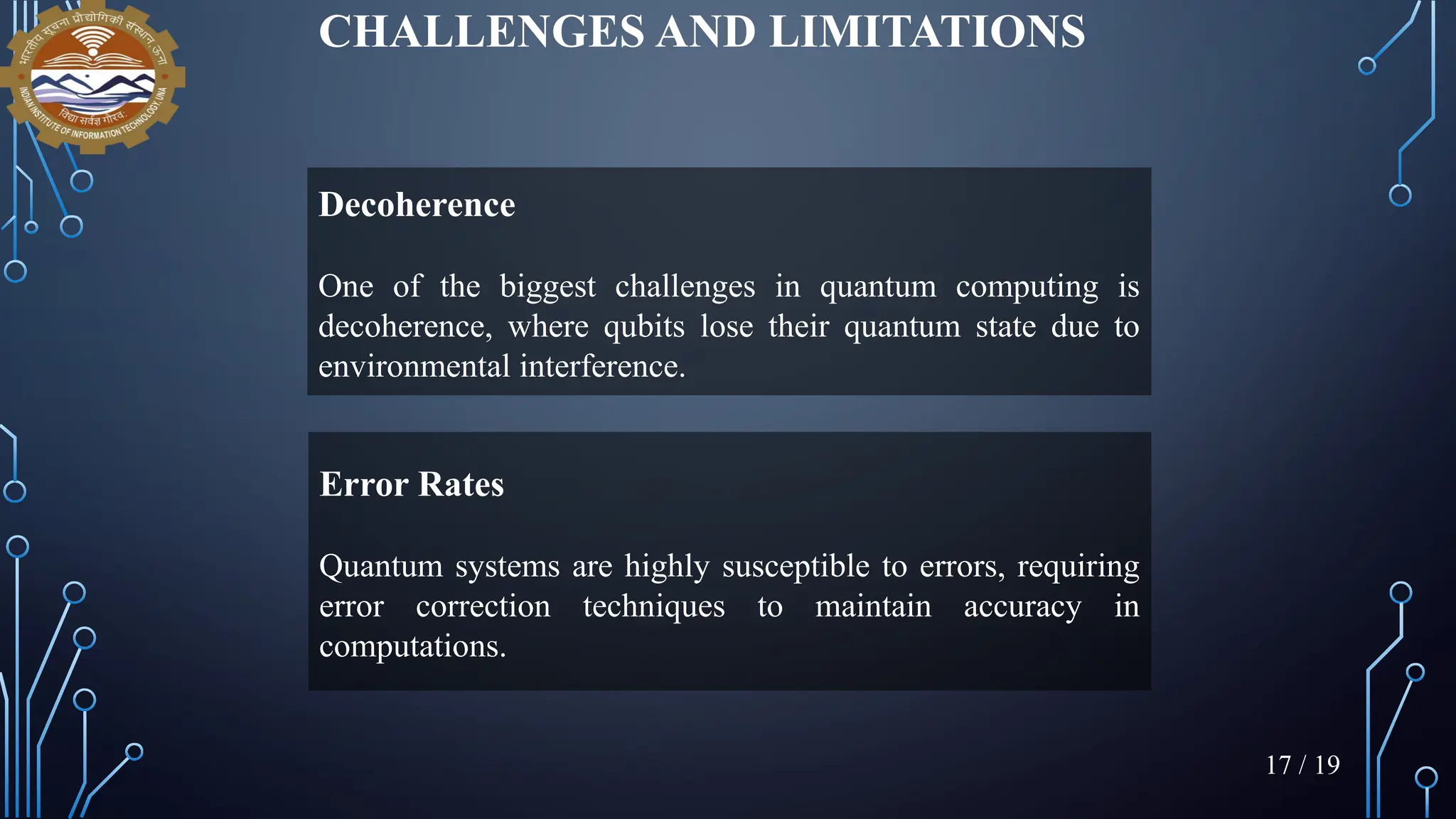 CHALLENGES AND LIMITATIONS
Decoherence
One of the biggest challenges in quantum computing is
decoherence, where qubits lose their quantum state due to
environmental interference.
Error Rates
Quantum systems are highly susceptible to errors, requiring
error correction techniques to maintain accuracy in
computations.
17 / 19
 