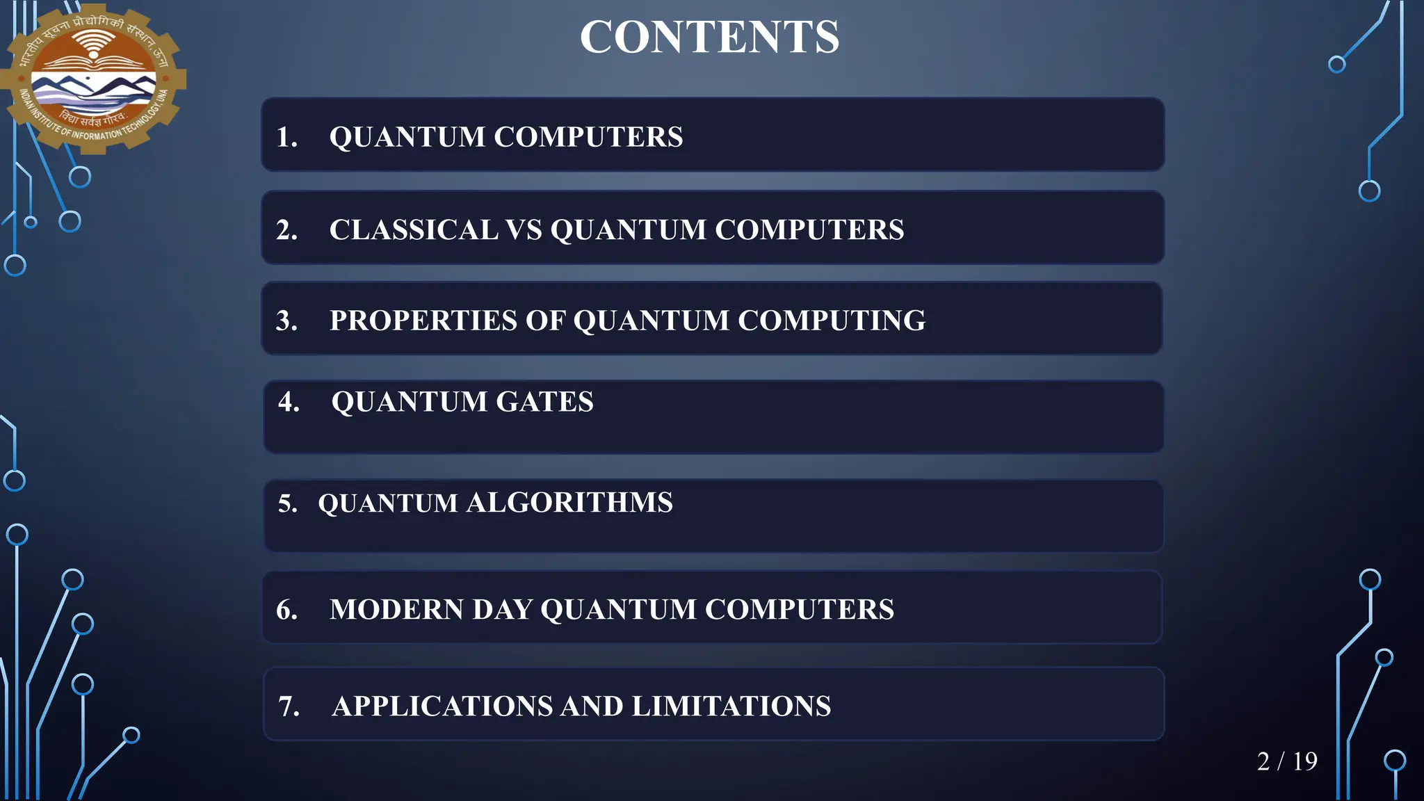 CONTENTS
1. QUANTUM COMPUTERS
2. CLASSICAL VS QUANTUM COMPUTERS
7. APPLICATIONS AND LIMITATIONS
4. QUANTUM GATES
5. QUANTUM ALGORITHMS
3. PROPERTIES OF QUANTUM COMPUTING
6. MODERN DAY QUANTUM COMPUTERS
2 / 19
 