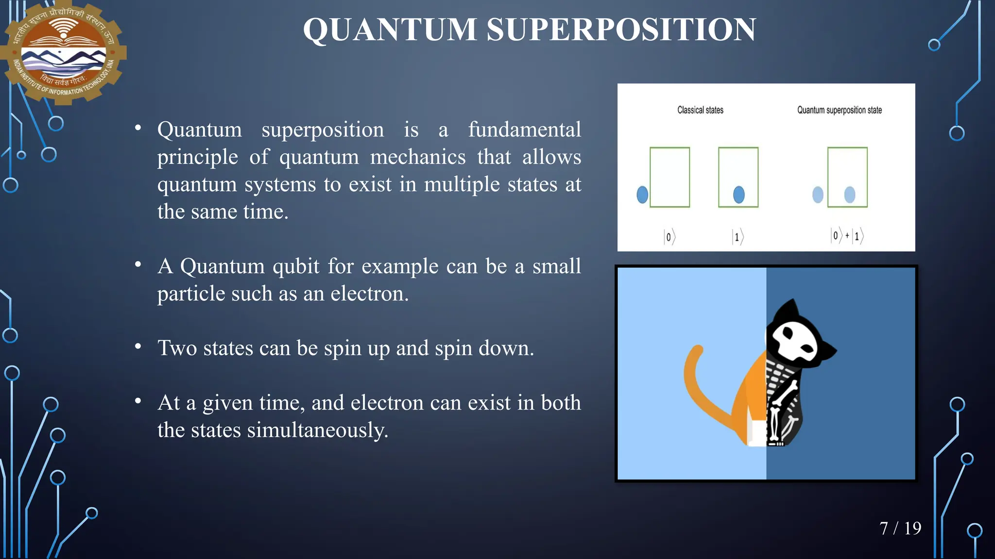 QUANTUM SUPERPOSITION
• Quantum superposition is a fundamental
principle of quantum mechanics that allows
quantum systems to exist in multiple states at
the same time.
• A Quantum qubit for example can be a small
particle such as an electron.
• Two states can be spin up and spin down.
• At a given time, and electron can exist in both
the states simultaneously.
7 / 19
 