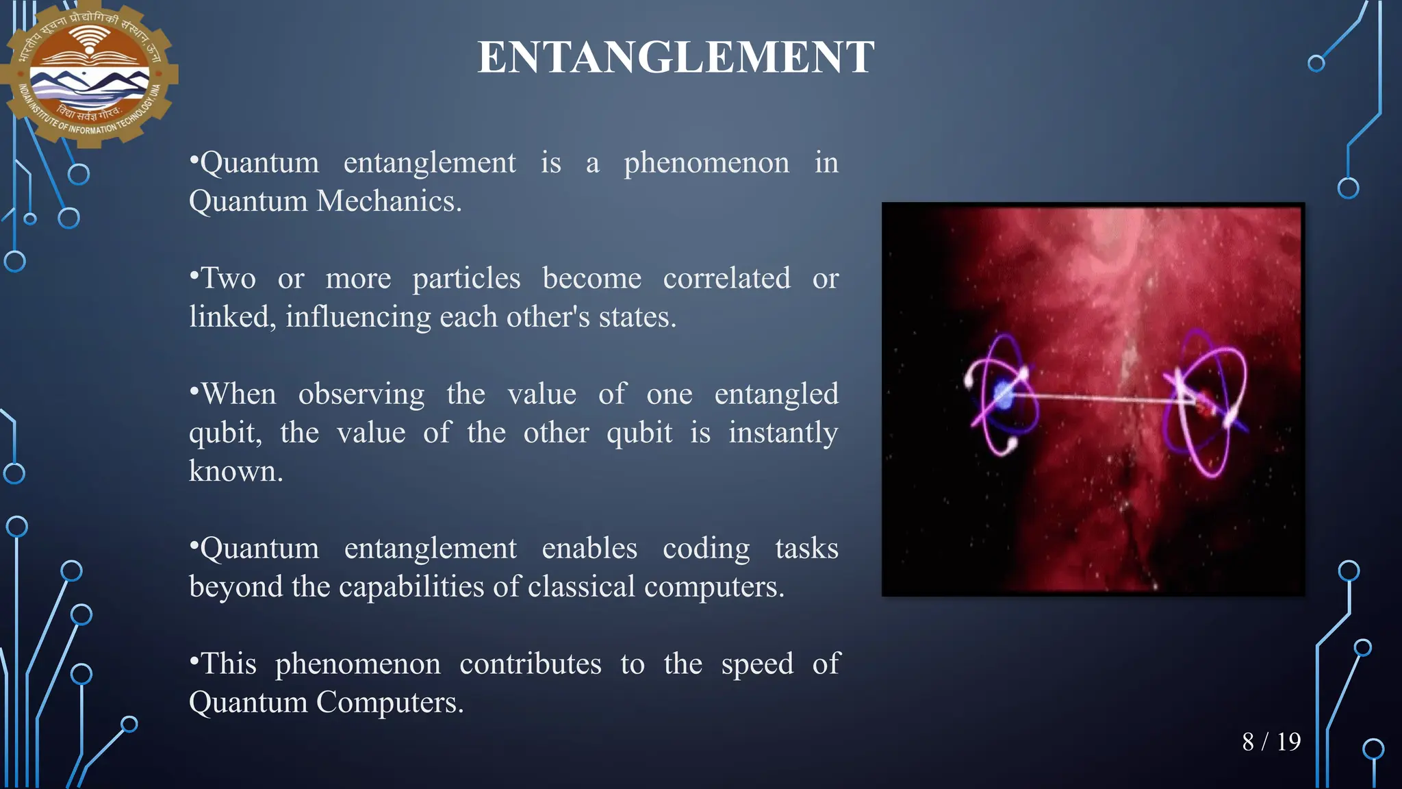 ENTANGLEMENT
•Quantum entanglement is a phenomenon in
Quantum Mechanics.
•Two or more particles become correlated or
linked, influencing each other's states.
•When observing the value of one entangled
qubit, the value of the other qubit is instantly
known.
•Quantum entanglement enables coding tasks
beyond the capabilities of classical computers.
•This phenomenon contributes to the speed of
Quantum Computers.
8 / 19
 
