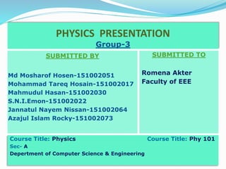 PHYSICS PRESENTATION
Group-3
SUBMITTED BY
Md Mosharof Hosen-151002051
Mohammad Tareq Hosain-151002017
Mahmudul Hasan-151002030
S.N.I.Emon-151002022
Jannatul Nayem Nissan-151002064
Azajul Islam Rocky-151002073
SUBMITTED TO
Romena Akter
Faculty of EEE
Course Title: Physics Course Title: Phy 101
Sec- A
Depertment of Computer Science & Engineering
 