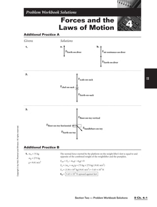 Section Two — Problem Workbook Solutions II Ch. 4–1
Forces and the
Laws of Motion 4
Problem Workbook Solutions
II
Copyright
©
by
Holt,
Rinehart
and
Winston.
All
rights
reserved.
Additional Practice A
Givens Solutions
1. a. b.
FEarth-on diver
Fair resistance-on diver
FEarth-on diver
2.
Fchef-on-sack
Fscale-on-sack
FEarth-on-sack
3.
Ffloor-on-toy-vertical
Ffloor-on-toy-horizontal
Fhandlebars-on-toy
FEarth-on-toy
1. mw = 75 kg
mp = 275 kg
g = 9.81 m/s2
The normal force exerted by the platform on the weight lifter’s feet is equal to and
opposite of the combined weight of the weightlifter and the pumpkin.
Fnet = Fn − mwg − mpg = 0
Fn = (mw + mp)g = (75 kg + 275 kg) (9.81 m/s2
)
Fn = (3.50 × 102
kg)(9.81 m/s2
) = 3.43 × 103
N
Fn = 3.43 × 103
N upward against feet
Additional Practice B
 