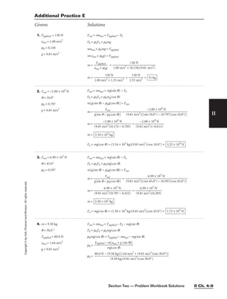 Section Two — Problem Workbook Solutions II Ch. 4–9
II
Copyright
©
by
Holt,
Rinehart
and
Winston.
All
rights
reserved.
1. Fapplied = 130 N
anet = 1.00 m/s2
mk = 0.158
g = 9.81 m/s2
Fnet = manet = Fapplied − Fk
Fk = mkFn = mkmg
manet + mkmg = Fapplied
m(anet + mkg) = Fapplied
m = 
an
F
e
a
t
p
+
pli
m
ed
kg
 =
m = = = 51 kg
130 N

2.55 m/s2
130 N

1.00 m/s2
+ 1.55 m/s2
130 N

1.00 m/s2
+ (0.158)(9.81 m/s2
)
2. Fnet = −2.00 × 104
N
q = 10.0°
mk = 0.797
g = 9.81 m/s2
Fnet = manet = mg(sin q) − Fk
Fk = mkFn = mkmg(cos q)
m[g(sin q) − mkg(cos q)] = Fnet
m = 
g[sin q −
Fn
m
e
k
t
(cos q)]
 =
m = = 
(9.8
−
1
2.
m
00
/s
×
2
)
1
(−
04
0.
N
611)

m =
Fn = mg(cos q) = (3.34 × 103
kg)(9.81 m/s2
)(cos 10.0°) = 3.23 × 104
N
3.34 × 103
kg
−2.00 × 104
N

(9.81 m/s2
)(0.174 − 0.785)
−2.00 × 104
N

(9.81 m/s2
)[(sin 10.0°) − (0.797)(cos 10.0°)]
3. Fnet = 6.99 × 103
N
q = 45.0°
mk = 0.597
Fnet = manet = mg(sin q) − Fk
Fk = mkFn = mkmg(cos q)
m[g(sin q) − mkg(cos q)] = Fnet
m = 
g[sin q −
Fn
m
e
k
t
(cos q)]
 =
m = = 
(9.8
6
1
.9
m
9
/
×
s2
1
)
0
(
3
0.
N
285)

m =
Fn = mg(cos q) = (2.50 × 103
kg)(9.81 m/s2
)(cos 45.0°) = 1.73 × 104
N
2.50 × 103
kg
6.99 × 103
N

(9.81 m/s2
)(0.707 − 0.422)
6.99 × 103
N

(9.81 m/s2
)[(sin 45.0°) − (0.597)(cos 45.0°)]
4. m = 9.50 kg
q = 30.0 °
Fapplied = 80.0 N
anet = 1.64 m/s2
g = 9.81 m/s2
Fnet = manet = Fapplied − Fk − mg(sin q)
Fk = mkFn = mkmg(cos q)
mkmg(cos q) = Fapplied − manet − mg(sin q)
mk =
mk =
80.0 N − (9.50 kg)[1.64 m/s2
+ (9.81 m/s2
)(sin 30.0°)]

(9.50 kg)(9.81 m/s2
)(cos 30.0°)
Fapplied − m[anet + g (sin q)]

mg(cos q)
Additional Practice E
Givens Solutions
 