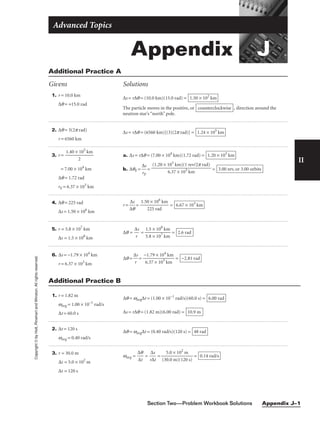 Section Two—Problem Workbook Solutions Appendix J–1
Appendix J
Advanced Topics
II
1. r = 10.0 km
∆q = +15.0 rad
∆s = r∆q = (10.0 km)(15.0 rad) =
The particle moves in the positive, or , direction around the
neutron star’s “north” pole.
counterclockwise
1.50 × 102
km
Additional Practice A
Givens Solutions
Copyright
©
by
Holt,
Rinehart
and
Winston.
All
rights
reserved.
2. ∆q = 3(2p rad)
r = 6560 km
∆s = r∆q = (6560 km)[(3)(2p rad)] = 1.24 × 105
km
3. r = 
1.40 ×
2
105
km

= 7.00 × 104
km
∆q = 1.72 rad
rE = 6.37 × 103
km
a. ∆s = r∆q = (7.00 × 104
km)(1.72 rad) =
b. ∆qE = 
∆
rE
s
 = = 3.00 rev, or 3.00 orbits
(1.20 × 105
km)(1 rev/2p rad)

6.37 × 103
km
1.20 × 105
km
4. ∆q = 225 rad
∆s = 1.50 × 106
km
r = 
∆
∆
q
s
 = 
1.50
22
×
5
1
r
0
a
6
d
km
 = 6.67 × 103
km
5. r = 5.8 × 107
km
∆s = 1.5 × 108
km
∆q = 
∆
r
s
 = 
1
5
.
.
5
8
×
×
1
1
0
0
8
7
k
k
m
m
 = 2.6 rad
6. ∆s = −1.79 × 104
km
r = 6.37 × 103
km
∆q = 
∆
r
s
 = 
−
6
1
.3
.7
7
9
×
×
1
1
0
0
3
4
k
k
m
m
 = −2.81 rad
Additional Practice B
1. r = 1.82 m
wavg = 1.00 × 10−1
rad/s
∆t = 60.0 s
∆q = wavg∆t = (1.00 × 10−1
rad/s)(60.0 s) =
∆s = r∆q = (1.82 m)(6.00 rad) = 10.9 m
6.00 rad
2. ∆t = 120 s
wavg = 0.40 rad/s
∆q = wavg∆t = (0.40 rad/s)(120 s) = 48 rad
3. r = 30.0 m
∆s = 5.0 × 102
m
∆t = 120 s
wavg = 
∆
∆
q
t

 = 
r
∆
∆
s
t
 = 
(3
5
0
.
.
0
0
×
m
1
)(
0
1
2
2
m
0 s)
 = 0.14 rad/s
 