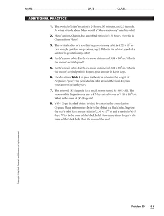 Problem D 81
NAME ______________________________________ DATE _______________ CLASS ____________________
1. The period of Mars’ rotation is 24 hours, 37 minutes, and 23 seconds.
At what altitude above Mars would a “Mars-stationary” satellite orbit?
2. Pluto’s moon, Charon, has an orbital period of 153 hours. How far is
Charon from Pluto?
3. The orbital radius of a satellite in geostationary orbit is 4.22 × 107
m
(see sample problem on previous page). What is the orbital speed of a
satellite in geostationary orbit?
4. Earth’s moon orbits Earth at a mean distance of 3.84 × 108
m. What is
the moon’s orbital speed?
5. Earth’s moon orbits Earth at a mean distance of 3.84 × 108
m. What is
the moon’s orbital period? Express your answer in Earth days.
6. Use data from Table 1 in your textbook to calculate the length of
Neptune’s “year” (the period of its orbit around the Sun). Express
your answer in Earth years.
7. The asteroid (45)Eugenia has a small moon named S/1998(45)1. The
moon orbits Eugenia once every 4.7 days at a distance of 1.19 x 103
km.
What is the mass of (45)Eugenia?
8. V404 Cygni is a dark object orbited by a star in the constellation
Cygnus. Many astronomers believe the object is a black hole. Suppose
the star’s orbit has a mean radius of 2.30 × 1010
m and a period of 6.47
days. What is the mass of the black hole? How many times larger is the
mass of the black hole than the mass of the sun?
Copyright
©
by
Holt,
Rinehart
and
Winston.
All
rights
reserved. ADDITIONAL PRACTICE
 