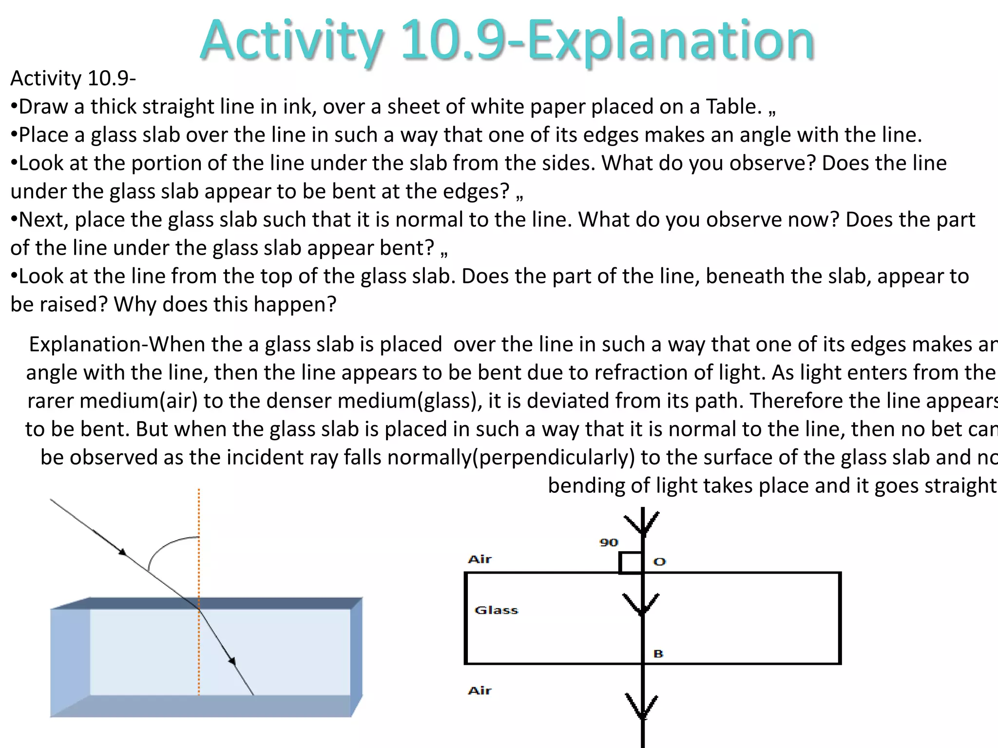 Activity 10.9-ExplanationActivity 10.9-
•Draw a thick straight line in ink, over a sheet of white paper placed on a Table. „
•Place a glass slab over the line in such a way that one of its edges makes an angle with the line.
•Look at the portion of the line under the slab from the sides. What do you observe? Does the line
under the glass slab appear to be bent at the edges? „
•Next, place the glass slab such that it is normal to the line. What do you observe now? Does the part
of the line under the glass slab appear bent? „
•Look at the line from the top of the glass slab. Does the part of the line, beneath the slab, appear to
be raised? Why does this happen?
Explanation-When the a glass slab is placed over the line in such a way that one of its edges makes an
angle with the line, then the line appears to be bent due to refraction of light. As light enters from the
rarer medium(air) to the denser medium(glass), it is deviated from its path. Therefore the line appears
to be bent. But when the glass slab is placed in such a way that it is normal to the line, then no bet can
be observed as the incident ray falls normally(perpendicularly) to the surface of the glass slab and no
bending of light takes place and it goes straight.
 