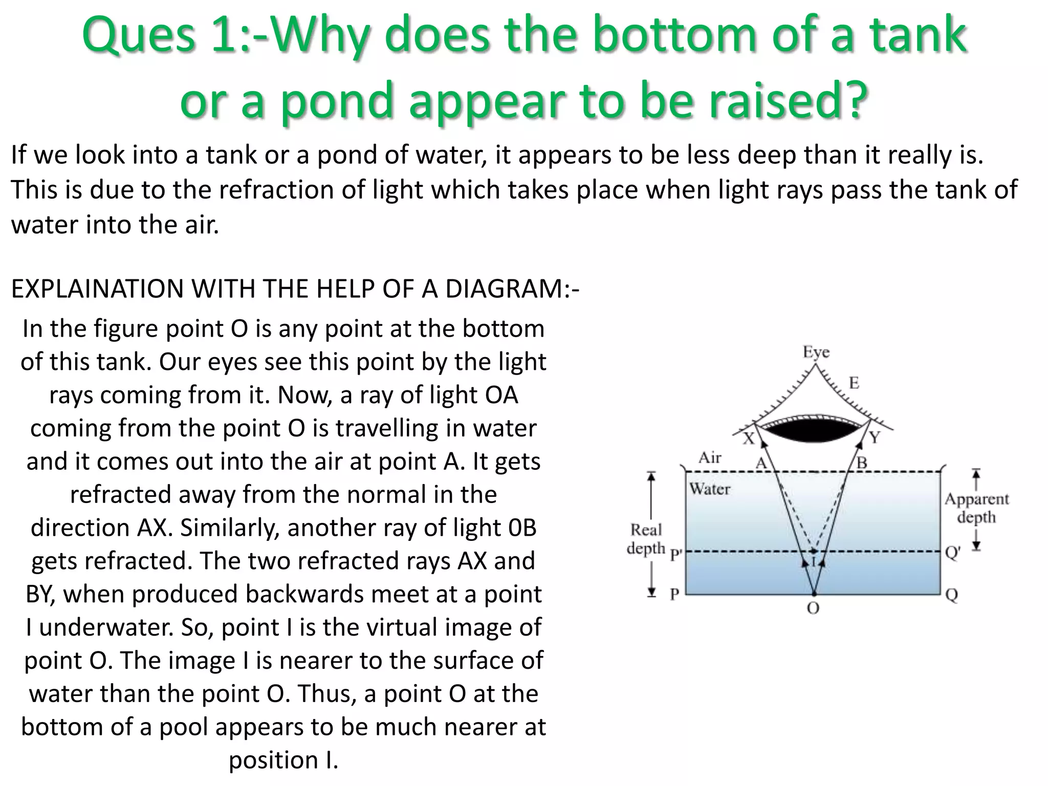 Ques 1:-Why does the bottom of a tank
or a pond appear to be raised?
If we look into a tank or a pond of water, it appears to be less deep than it really is.
This is due to the refraction of light which takes place when light rays pass the tank of
water into the air.
In the figure point O is any point at the bottom
of this tank. Our eyes see this point by the light
rays coming from it. Now, a ray of light OA
coming from the point O is travelling in water
and it comes out into the air at point A. It gets
refracted away from the normal in the
direction AX. Similarly, another ray of light 0B
gets refracted. The two refracted rays AX and
BY, when produced backwards meet at a point
I underwater. So, point I is the virtual image of
point O. The image I is nearer to the surface of
water than the point O. Thus, a point O at the
bottom of a pool appears to be much nearer at
position I.
EXPLAINATION WITH THE HELP OF A DIAGRAM:-
 