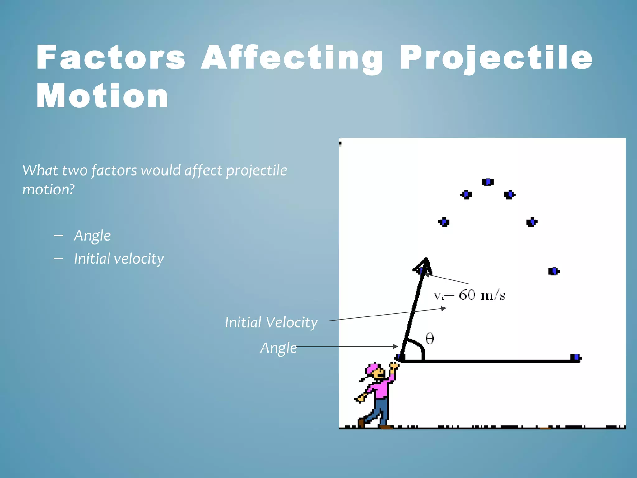 Factors Affecting Projectile 
Motion 
What two factors would affect projectile 
motion? 
– Angle 
– Initial velocity 
Initial Velocity 
Angle 
 