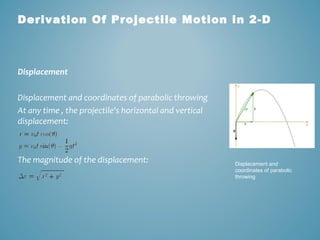 Derivation Of Projectile Motion in 2-D 
Displacement 
Displacement and coordinates of parabolic throwing 
At any time , the projectile's horizontal and vertical 
displacement: 
The magnitude of the displacement: Displacement and 
coordinates of parabolic 
throwing 
 