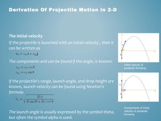 Derivation Of Projectile Motion in 2-D 
The initial velocity 
If the projectile is launched with an initial velocity , then it 
can be written as 
The components and can be found if the angle, is known: 
If the projectile's range, launch angle, and drop height are 
known, launch velocity can be found using Newton's 
formula 
The launch angle is usually expressed by the symbol theta, 
but often the symbol alpha is used. 
Initial velocity of 
parabolic throwing 
Components of initial 
velocity of parabolic 
throwing 
 