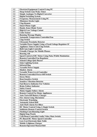 102 Electrical Equipment Control Using PC 
103 Sleep Switch Cum Wake Timer 
104 Simple Analogue To Digital Converter 
105 Digital Switching System 
106 Frequency Measurement Using PC 
107 Miniature Strobe Light 
108 Clap Remote 
109 Smart Phone Light 
110 Handy Zener Diode Tester 
111 High & Low Voltage Cutout 
112 Color Sensor 
113 Running Message Display 
114 Automatic Temperature Controlled Fan 
115 Clap Switch 
116 Ultrasonic Proximity Detector 
117 Variable Power Supply Using a Fixed-Voltage Regulator IC 
118 Appliance Timer-Cum-Clap Switch 
119 Bell-Cum Light Controller 
120 Friendly Charger for Mobile Phones 
121 Hearing Aid 
122 Speed Control of DC Motor Using Pulse-Width Modulation 
123 Remote-Controlled Fan Regulator 
124 School-College Quiz Buzzer 
125 Solar Lighting System 
126 Infrared Bug 
127 Versatile Power Supply 
128 Shadow Alarm 
129 Versatile Water-Level Controller 
130 Remote-Controlled Power-Off Switch 
131 Stress Meter 
132 Heat-Sensitive Switch 
133 Sensitive Vibration Detector 
134 Fuel Reserve Indicator For Vehicles 
135 Brake Failure Indicator 
136 Safety Guard 
137 Mains Supply Failure Alarm 
138 Remote Control For Home Appliances 
139 Auto Turn-Off Battery Charger 
140 Fire Alarm Using Thermistor 
141 Electronic Watchdog 
142 Automatic School Bell 
143 Anti-Theft Alarm For Bikes 
144 DC Motor Control Using A Single Switch 
145 Solidstate Remote Control Switch 
146 Flashing-Cum-Running Light 
147 Digital Stop Watch 
148 Cell-Phone-Controlled Audio Video Mute Switch 
149 PC-Based DC Motor Speed Controller 
150 Low-Cost Electronic Quiz Table 
151 Mobile Cellphone Charger 
152 Remote-Operated Musical Bell 
 
