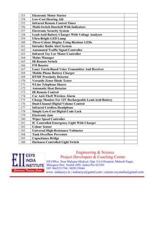 153 Electronic Motor Starter 
154 Low-Cost Hearing Aid 
155 Infrared Remote Control Timer 
156 Multi-Switch Doorbell With Indicators 
157 Electronic Security System 
158 Lead-Acid Battery Charger With Voltage Analyser 
159 Ultra-Bright LED Lamp 
160 Three-Colour Display Using Bicolour LEDs 
161 Intruder Radio Alert System 
162 Automated Traffic Signal Controller 
163 Infrared Toy Car Motor Controller 
164 Mains Manager 
165 IR Remote Switch 
166 FM Booster 
167 Laser Torch-Based Voice Transmitter And Receiver 
168 Mobile Phone Battery Charger 
169 DTMF Proximity Detector 
170 Versatile Zener Diode Tester 
171 9-Line Telephone Sharer 
172 Automatic Heat Detector 
173 IR Remote Control 
174 Car Anti-Theft Wireless Alarm 
175 Charge Monitor For 12V Rechargeable Lead-Acid Battery 
176 Dual-Channel Digital Volume Control 
177 Infrared Cordless Headphone 
178 Simple Low-Cost Digital Code Lock 
179 Electronic Jam 
180 Wiper Speed Controller 
181 IC Controlled Emergency Light With Charger 
182 Colour Sensor 
183 Universal High-Resistance Voltmeter 
184 Tank Overflow Preventer 
185 Capacitance Bridge 
186 Darkness Controlled Light Switch 
