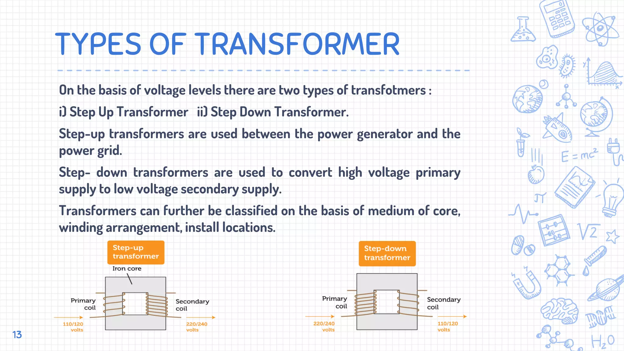 TYPES OF TRANSFORMER
On the basis of voltage levels there are two types of transfotmers :
i) Step Up Transformer ii) Step Down Transformer.
Step-up transformers are used between the power generator and the
power grid.
Step- down transformers are used to convert high voltage primary
supply to low voltage secondary supply.
Transformers can further be classified on the basis of medium of core,
winding arrangement, install locations.
13
 