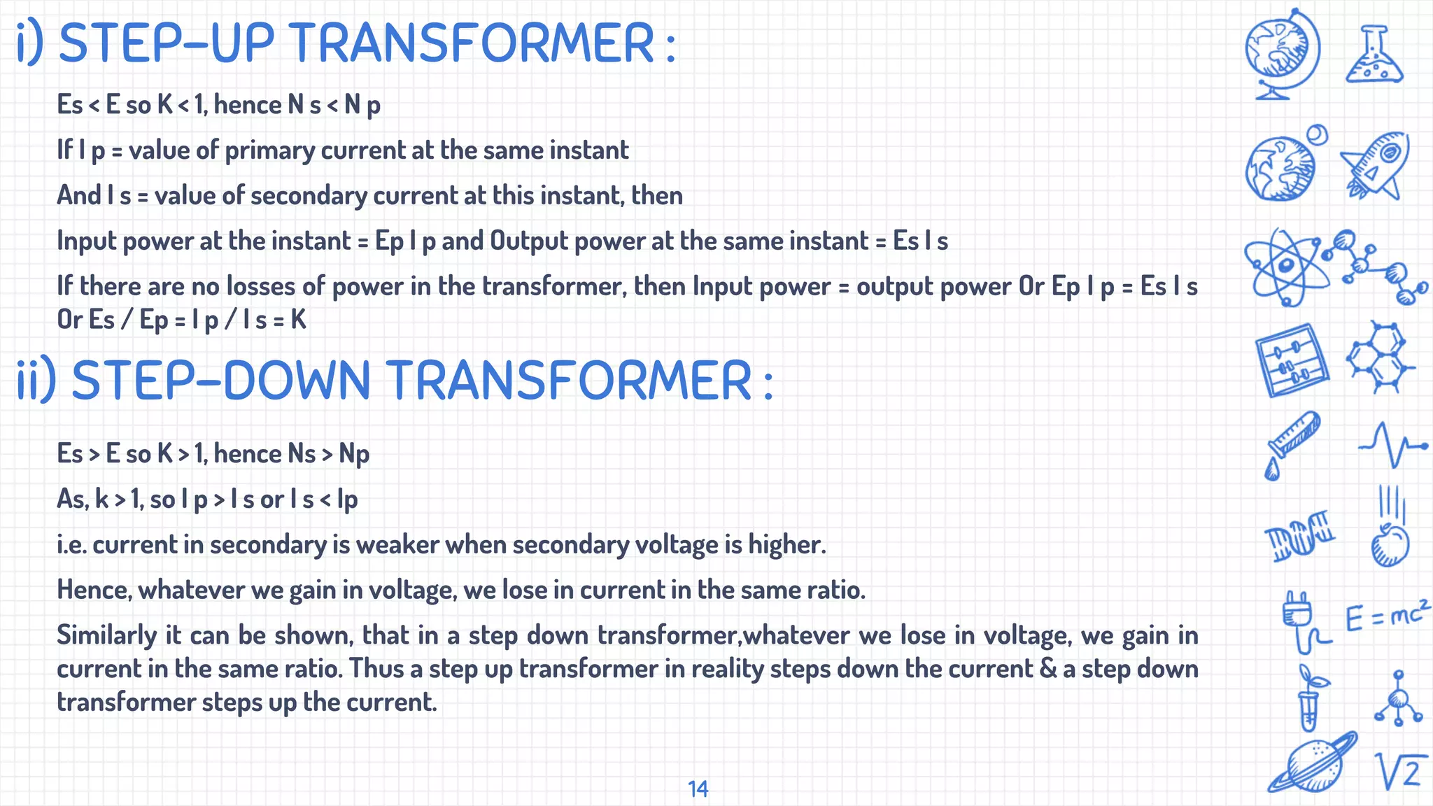 14
i) STEP-UP TRANSFORMER :
Es < E so K < 1, hence N s < N p
If I p = value of primary current at the same instant
And I s = value of secondary current at this instant, then
Input power at the instant = Ep I p and Output power at the same instant = Es I s
If there are no losses of power in the transformer, then Input power = output power Or Ep I p = Es I s
Or Es / Ep = I p / I s = K
Es > E so K > 1, hence Ns > Np
As, k > 1, so I p > I s or I s < Ip
i.e. current in secondary is weaker when secondary voltage is higher.
Hence, whatever we gain in voltage, we lose in current in the same ratio.
Similarly it can be shown, that in a step down transformer,whatever we lose in voltage, we gain in
current in the same ratio. Thus a step up transformer in reality steps down the current & a step down
transformer steps up the current.
ii) STEP-DOWN TRANSFORMER :
 