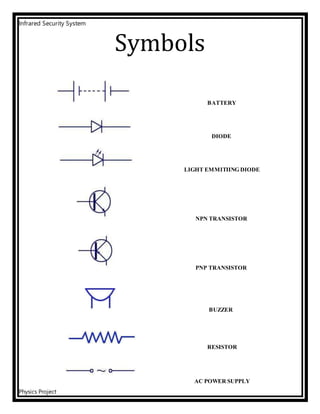 Infrared Security System
Physics Project
Symbols
BATTERY
DIODE
LIGHT EMMITIING DIODE
NPN TRANSISTOR
PNP TRANSISTOR
BUZZER
RESISTOR
AC POWER SUPPLY
 