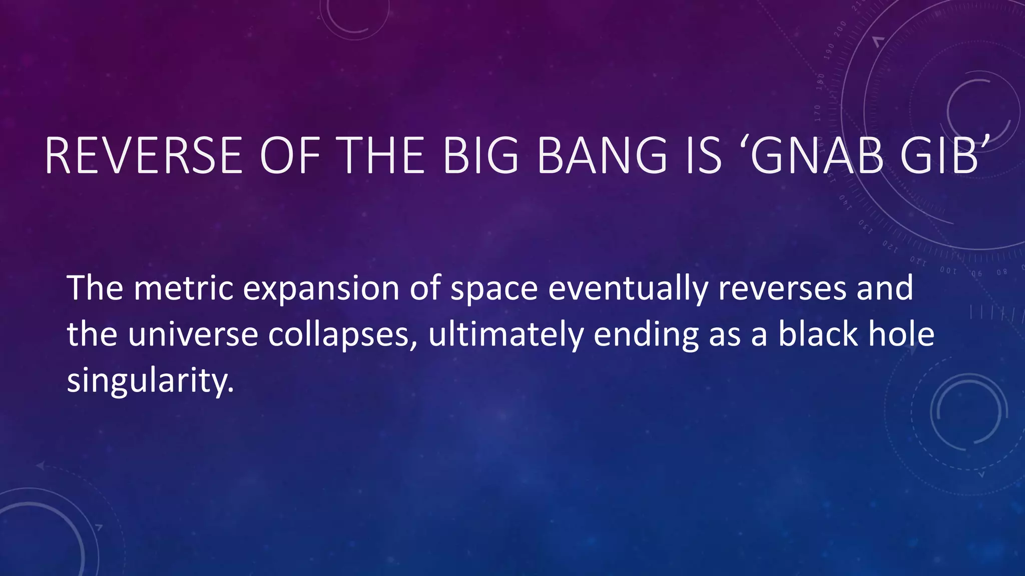 REVERSE OF THE BIG BANG IS ‘GNAB GIB’
The metric expansion of space eventually reverses and
the universe collapses, ultimately ending as a black hole
singularity.
 