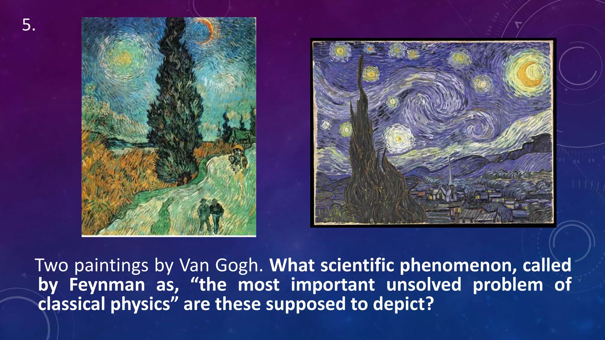 Two paintings by Van Gogh. What scientific phenomenon, called
by Feynman as, “the most important unsolved problem of
classical physics” are these supposed to depict?
5.
 