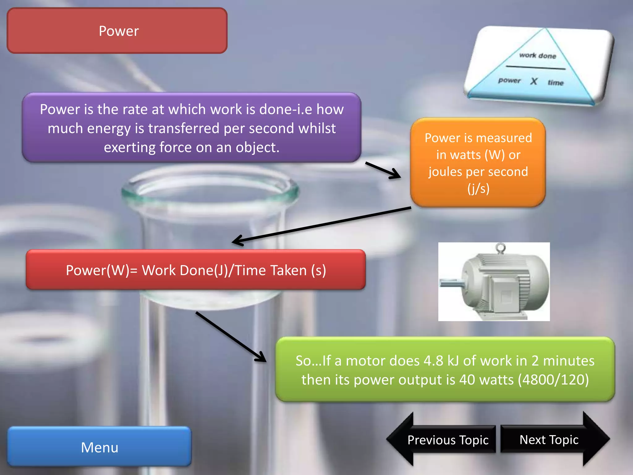 Power



Power is the rate at which work is done-i.e how
 much energy is transferred per second whilst
                                                          Power is measured
          exerting force on an object.                       in watts (W) or
                                                           joules per second
                                                                  (j/s)




    Power(W)= Work Done(J)/Time Taken (s)




                                       So…If a motor does 4.8 kJ of work in 2 minutes
                                        then its power output is 40 watts (4800/120)


                                                        Previous Topic   Next Topic
      Menu
 