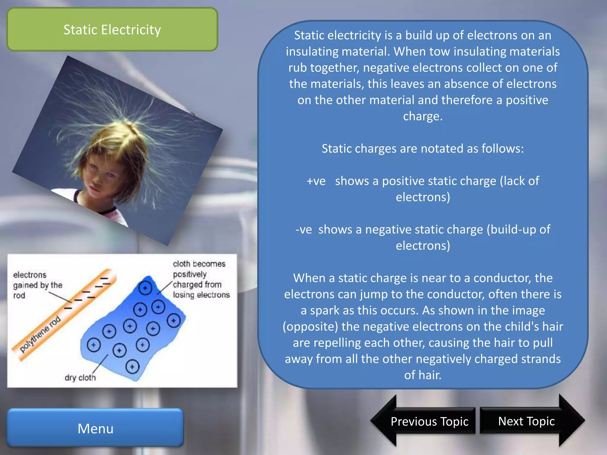 Static Electricity     Static electricity is a build up of electrons on an
                     insulating material. When tow insulating materials
                      rub together, negative electrons collect on one of
                      the materials, this leaves an absence of electrons
                        on the other material and therefore a positive
                                              charge.

                            Static charges are notated as follows:

                         +ve shows a positive static charge (lack of
                                       electrons)

                       -ve shows a negative static charge (build-up of
                                        electrons)

                       When a static charge is near to a conductor, the
                     electrons can jump to the conductor, often there is
                        a spark as this occurs. As shown in the image
                     (opposite) the negative electrons on the child's hair
                       are repelling each other, causing the hair to pull
                      away from all the other negatively charged strands
                                            of hair.


                                         Previous Topic      Next Topic
  Menu
 