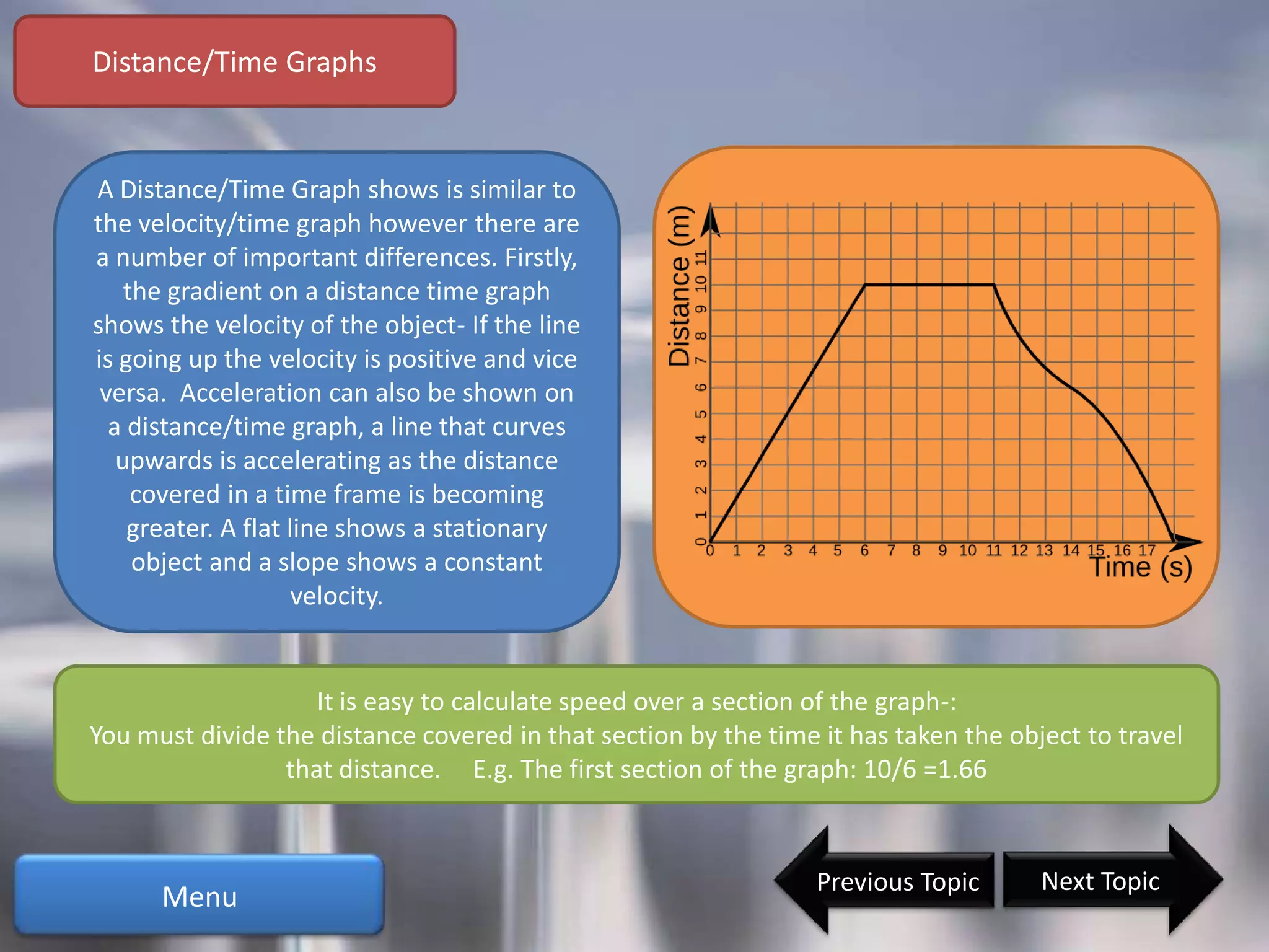 Distance/Time Graphs


A Distance/Time Graph shows is similar to
the velocity/time graph however there are
a number of important differences. Firstly,
    the gradient on a distance time graph
shows the velocity of the object- If the line
is going up the velocity is positive and vice
 versa. Acceleration can also be shown on
  a distance/time graph, a line that curves
   upwards is accelerating as the distance
     covered in a time frame is becoming
    greater. A flat line shows a stationary
     object and a slope shows a constant
                     velocity.


                    It is easy to calculate speed over a section of the graph-:
You must divide the distance covered in that section by the time it has taken the object to travel
                 that distance. E.g. The first section of the graph: 10/6 =1.66



                                                                 Previous Topic      Next Topic
      Menu
 