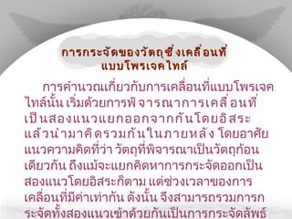 การคำนวณเกี่ยวกับการเคลื่อนที่แบบโพรเจคไทล์นั้น เริ่มด้วยการ พิจารณาการเคลื่อนที่เป็นสองแนวแยกออกจากกันโดยอิสระ แล้วนำมาคิดรวมกันในภายหลัง  โดยอาศัยแนวความคิดที่ว่า วัตถุที่พิจารณาเป็นวัตถุก้อนเดียวกัน ถึงแม้จะแยกคิดหาการกระจัดออกเป็นสองแนวโดยอิสระก็ตาม แต่ช่วงเวลาของการเคลื่อนที่มีค่าเท่ากัน ดังนั้น จึงสามารถรวมการกระจัดทั้งสองแนวเข้าด้วยกันเป็นการกระจัดลัพธ์ขณะหนึ่งของวัตถุ   การกระจัดของวัตถุซึ่งเคลื่อนที่แบบโพรเจคไทล์ 