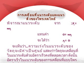 พิจารณาแนวระดับ จาก ∑ F x  = ma x แทนค่า O = ma x จะได้ว่า a x  = 0 จะเห็นว่า ...  ความเร่งในแนวระดับของวัตถุจะมีค่าเป็นศูนย์  แสดงว่าวัตถุจะเคลื่อนที่ในแนวระดับด้วยอัตราเร็วคงที่ตลอดเวลา ดังนั้นอัตราเร็วในแนวระดับของการเคลื่อนที่แบบโพรเจคไทล์ จะมีค่าคงที่เท่ากันทุกๆ ตำแหน่ง คือ  u x  = v y  = ucos θ   ทุกๆ ตำแหน่ง  การเคลื่อนที่แนวระดับและแนวดิ่งของโพรเจคไทล์ 